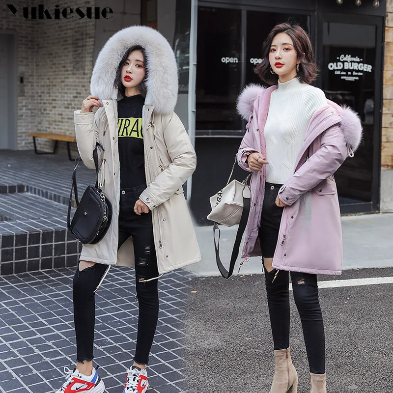 Женская парка с капюшоном длинная двухсторонняя теплая куртка большим меховым
