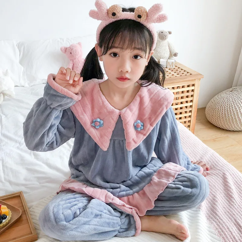 

Girls Korean Loose Cute Pulsh Pajama Casual Long Sleeve Sleepwear Ruffles Sweet Soft Flannel Teenage Tender Solid Chic Homewear
