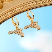 flatfoosie trendy new crystal pistol drop earrings for women gold color metal statement earrings punk personality jewelry gifts