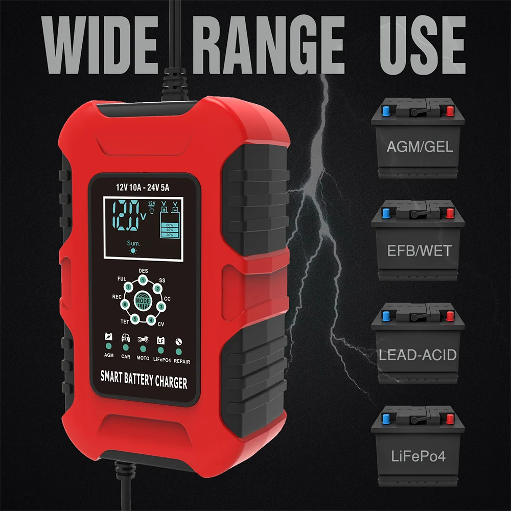 

Car Battery Charger 12V10A 24V 5A Smart Charger Motorcycle 7 Stage Battery Maintainer for Truck Boat RV Lawn Mower US Plug