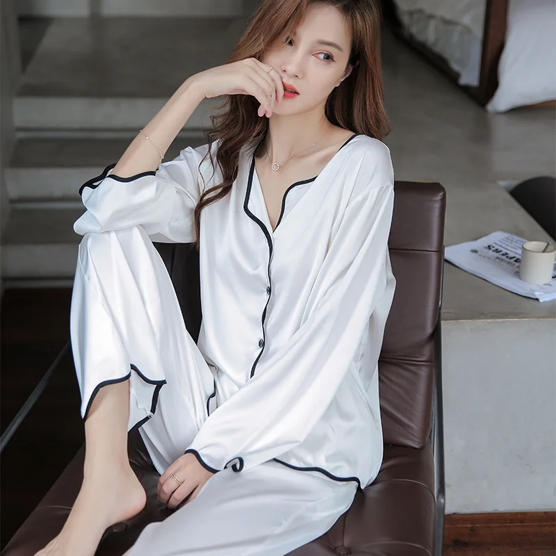 

Lady Sleep Set Nightgown Casual Pajamas Suit Sexy 2PCS Nightwear Rayon Home Clothes Sleepwear Spring Lounge Shirt&Pants Lingerie