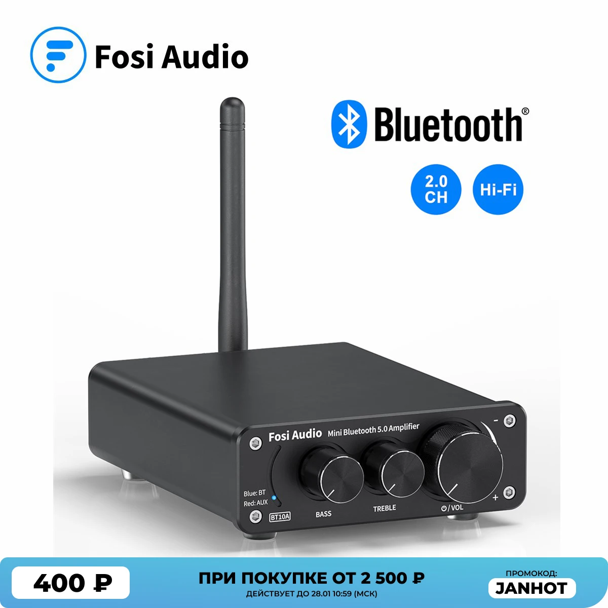 Potência de Som Hi-fi para Alto-falantes Agudos e Baixos Fosi Audio Amplificador Estéreo Bluetooth 2 Canais Tpa3116d2 Mini Digital 50w Bt10a