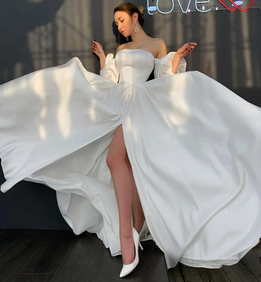Женское атласное свадебное платье элегантное Очаровательное невесты с разрезом