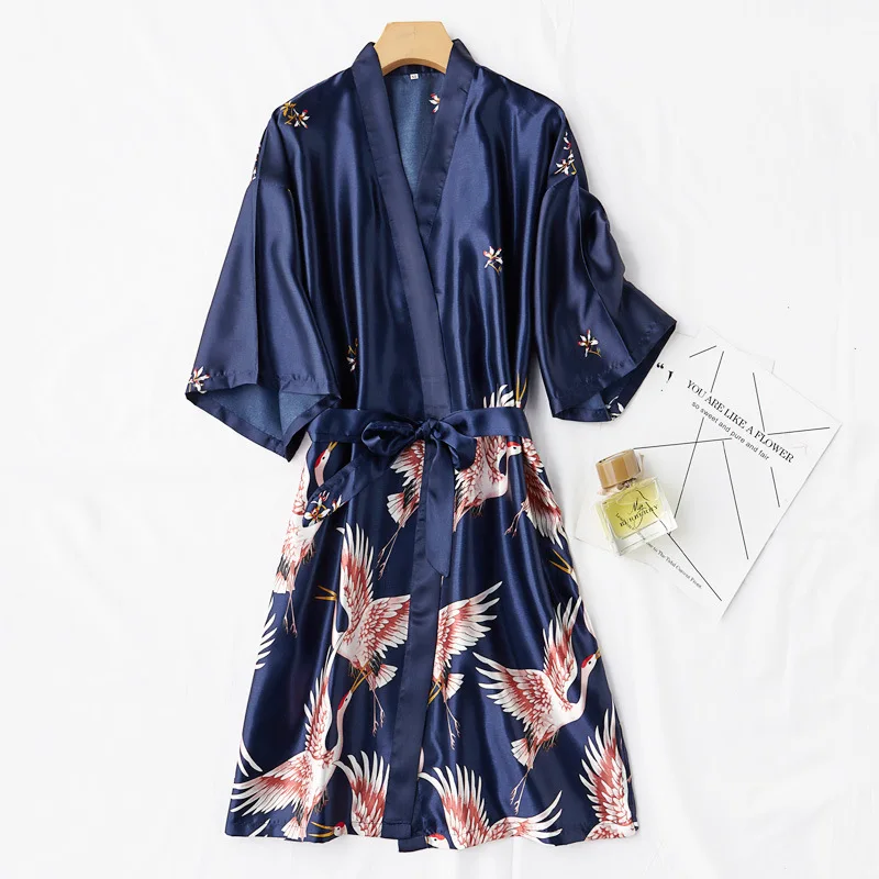 

Women Print Crane Kimono Bathrobe Gown Silky Satin Robe Casual Femme Sleepwear Loose Nightgown Intimate Lingerie Nightdress