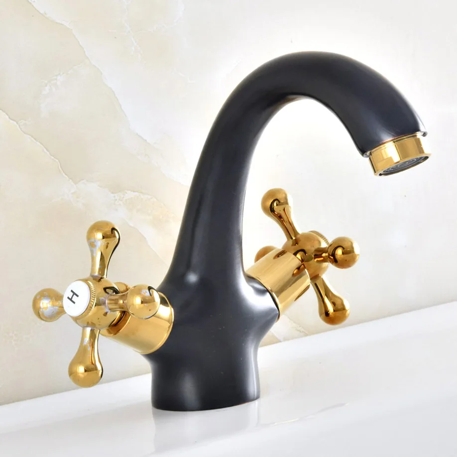 

Black Oil Rubbed Gold Color Brass Single Hole Deck Mount Cross Handles Bathroom Vessel Basin Sink Faucet Mixer Water Taps mnf479