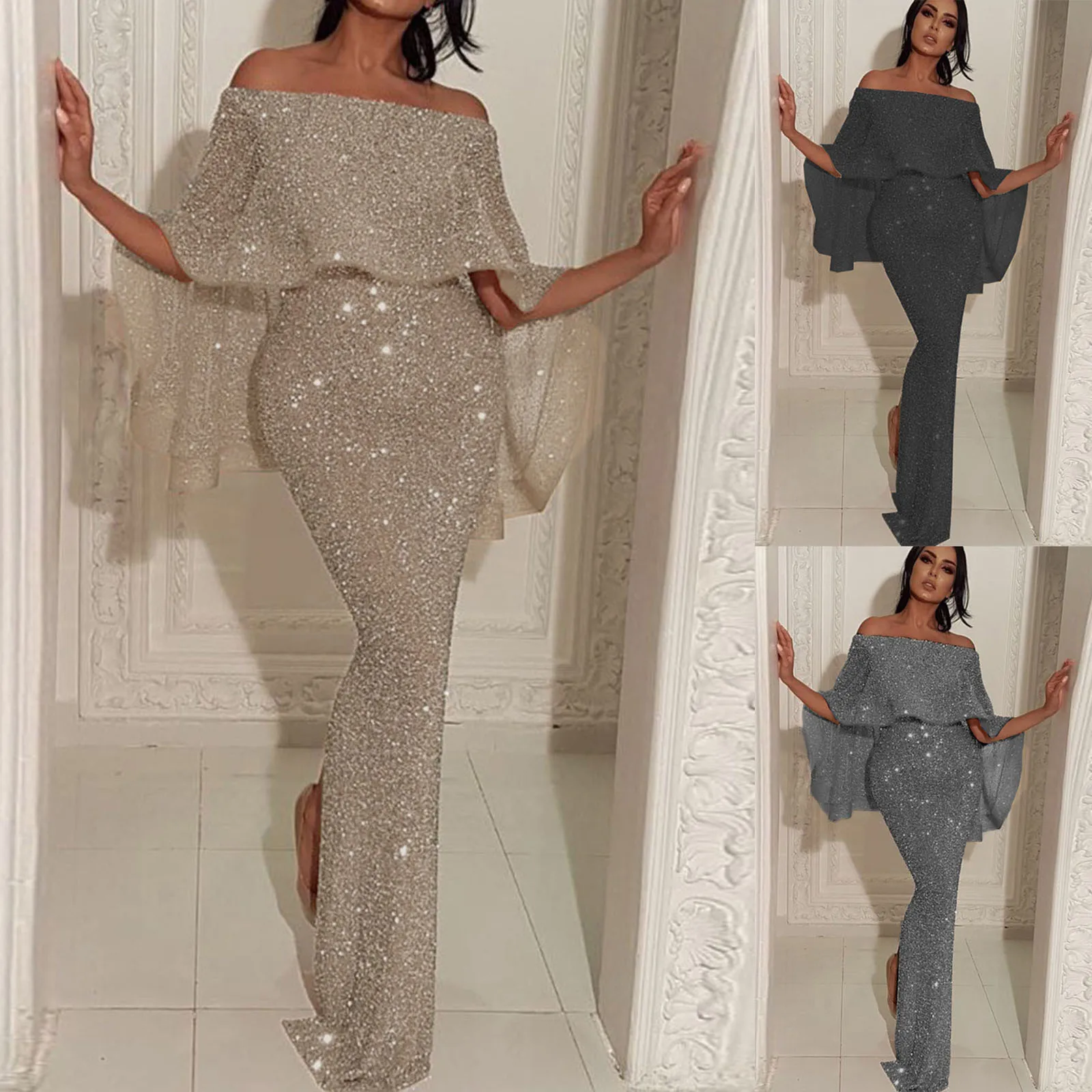 

New Women's Temperament Back Big Lotus Leaf Wrap Chest One-shoulder Dress Blingbling Package Hip Split Evening Dress Одеваться