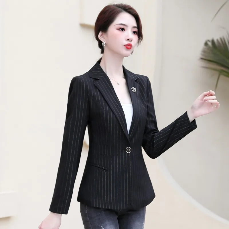 

Women Fashion Office Wear Single Button Blazers Coat Vintage Long Sleeve Pockets Female Outerwear Chic Business Striped Tops