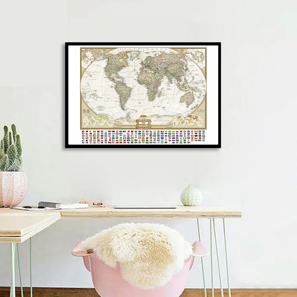 

Vintage Map of The World with National Flags 84*59cm Wall Art Poster Spray Canvas Painting Classroom Home Decor School Supplies