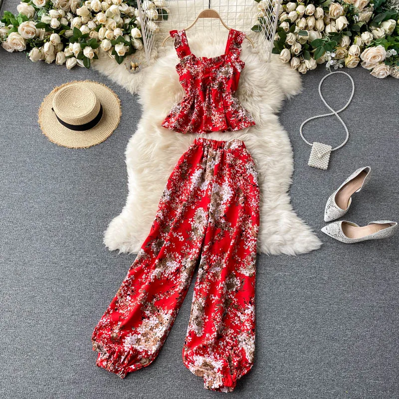 

2021 Summer Two Piece Set Women Floral Printed Sleeveless Elasticity Crop Top High Waist Long Pants Suits Ladies Boho Clothing