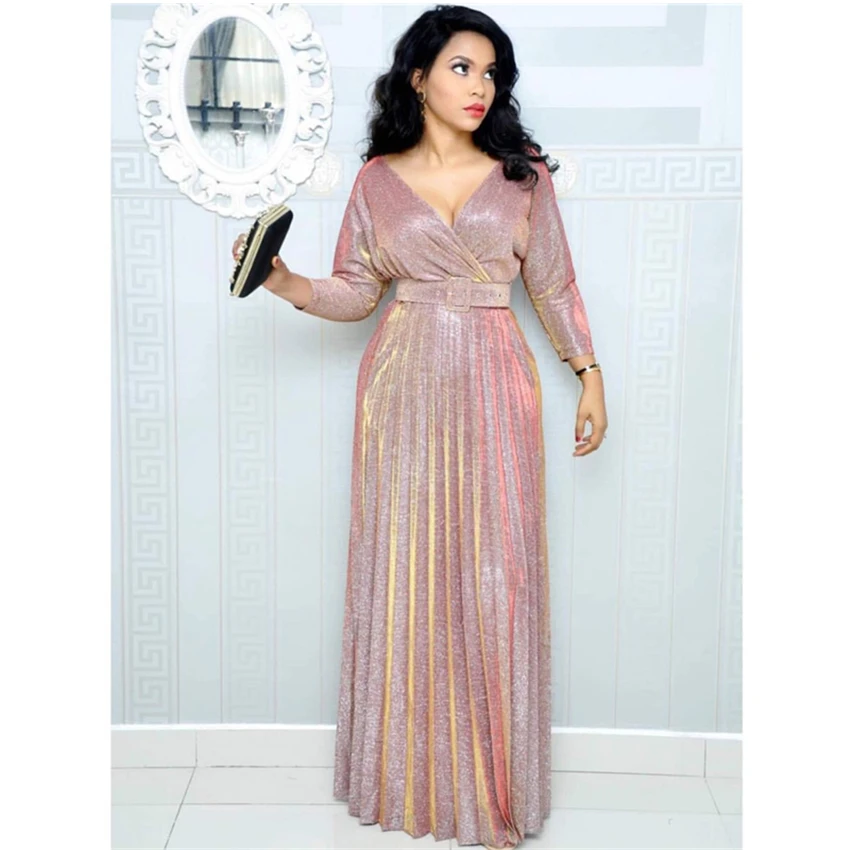 New Elegant Woman Gold Stamping African Dashiki Office Lady Fashion Pleated Evening Dress with Belt Long Sleeve Party Maxi