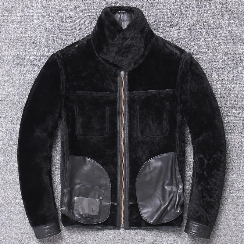 

Luxury Genuine Leather Lapel Fur Short Coat Men Brand Winter Sheepskin Moto Biker Jacket Business Casual Warm Outwear Plus Siz