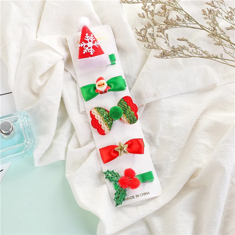 5pcs New Girls Christmas Hair Clips Lovely Santa Reindeer Bow Barrettes Headwear Kids Xmas Gifts Hair Accessories