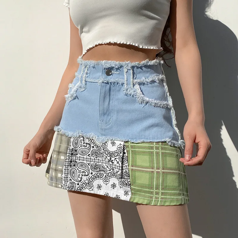 

Summer 2021 Harajuku Vintage A Line High-waisted Skirts Korean Iamhotty y2k Aesthetic Plaid Printed Patchwork Mini Denim Sk