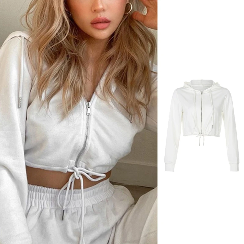 

Women Long Sleeve Solid Cropped Hoodies Full Zip Drawstring Sweatshirt Jacket X3UE