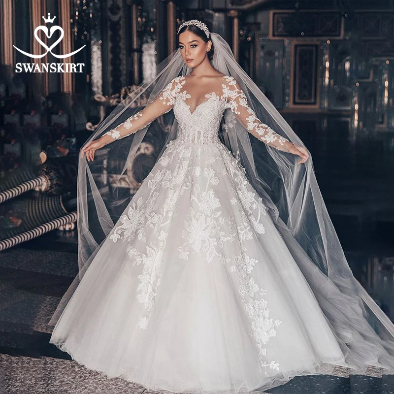 Роскошное Свадебное платье Swanskirt с аппликацией из бисера бальное платье размера плюс с длинным рукавом с цветами свадебное платье Vestido de noiva QY01