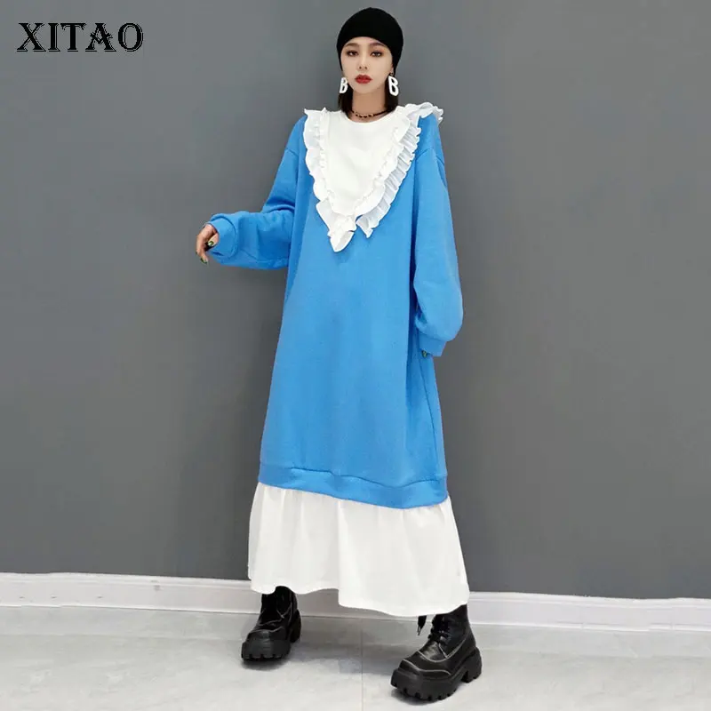 

Платье-пуловер XITAO, в стиле пэчворк, с плиссированными оборками, с длинными рукавами, элегантное, миниатюрное, на осень 2021, GWJ0605