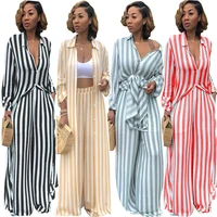 women 2 piece matching set casual striped print loose long shirt wide leg pants two piece suit plus size outfits yellow clothes