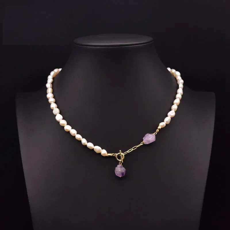 

Natural Fresh Water Pearl Necklace Purple Crystal Stone Pendant Choker Original Handmade Jewelry for Women Wedding Party Choker