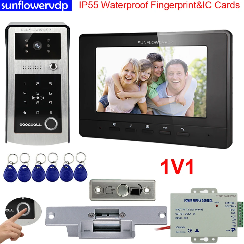 

IP55 Waterproof Home Intercom Fingerprint IC Code Electronic Doorman With Camera 7"Color Monitor + Electric Strike Door Lock