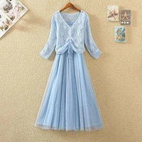 2022 summer women knitting hollow out v neck blouse sleeveless mesh dress 2 piece sets female sweet sexy ladies suits y530