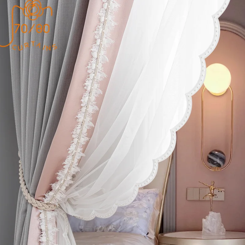 

French Romantic High-end Lace Stitching Feather Yarn Blackout Curtains for Living Room Bedroom Finished Product Customization