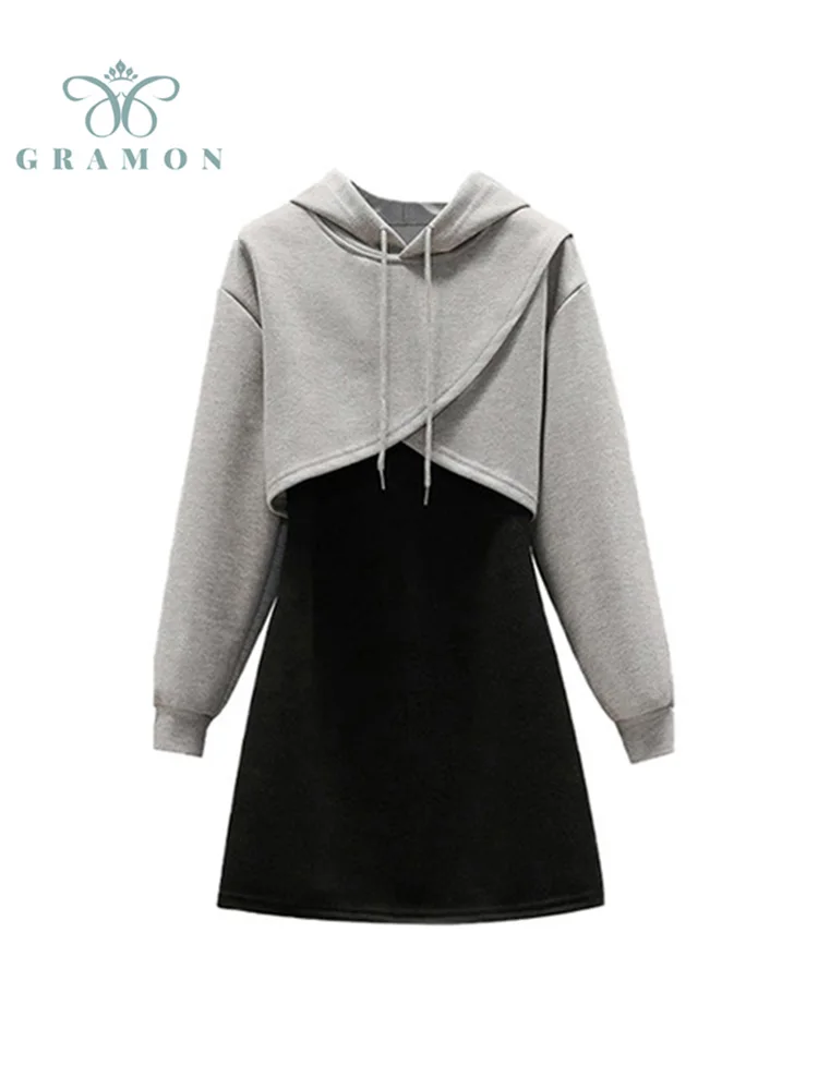 

Women Suits Hoodies Crop Top + Black Mini Dress 2021 Autumn New Plus Size Two Piece Sets Streetwear Fashion Conjuntos De Vestido