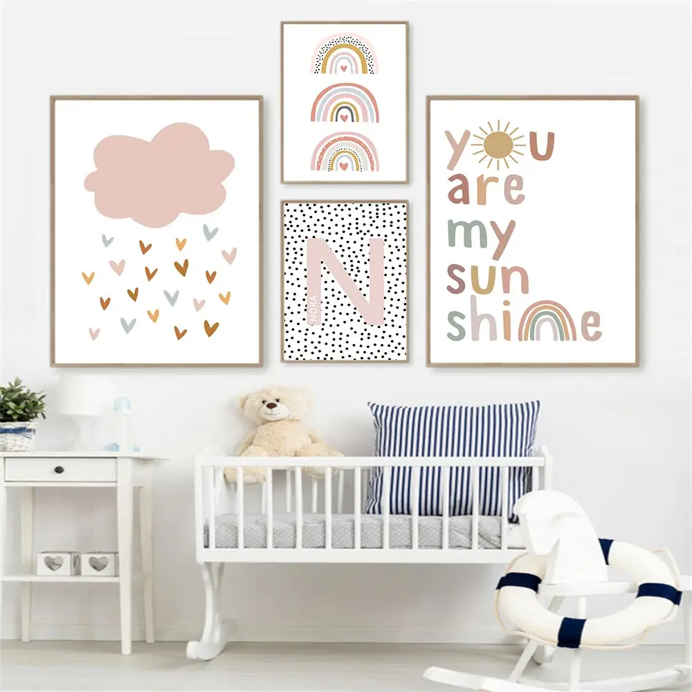 

Nordic Custom Name Girls Wall Art Poster Sun Rainbow Cloud Hearts Art Print Quotes Canvas Painting Abstract Baby Kids Room Decor