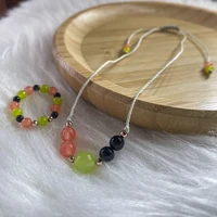 women trendy jewelry set summer wax cord green natural stones necklace minimalist elastic 4mm black agate beads rings girl gift