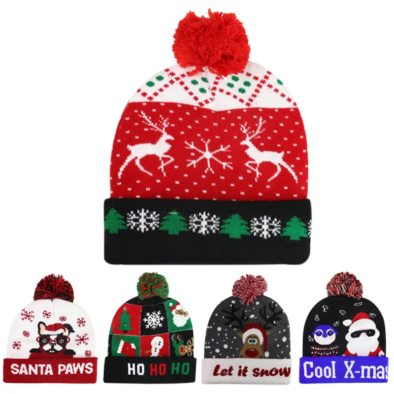 

Winter Children's Warm Colorful Glowing Knitted Hat Santa Claus LED Lights Cartoon Pattern Removable Battery Christmas New Year