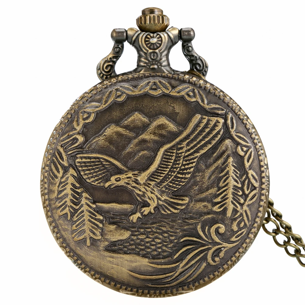 Retro Antique 3D Flying Eagle Design Fob Quartz Pocket Watch with Necklace Chain Pendant  Art Collections Gifts for Male Female images - 6