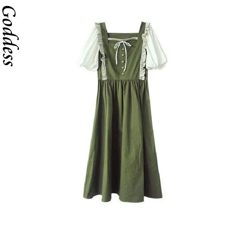 

Women French Vintage Sweet Cross Bubble Sleeve Dress 2021 Summer Japanese Kawaii Green Dress Fit Chic Slim Holiday Midi Dresses