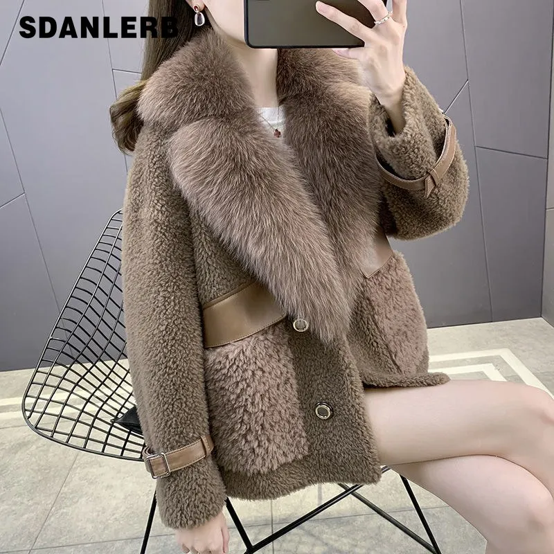

2021 New Imitation Sheepskin Fur Jacket Women's Imitation Fox Fur Collar Fur Lamb Wool One-Piece Autumn and Winter Short Coat