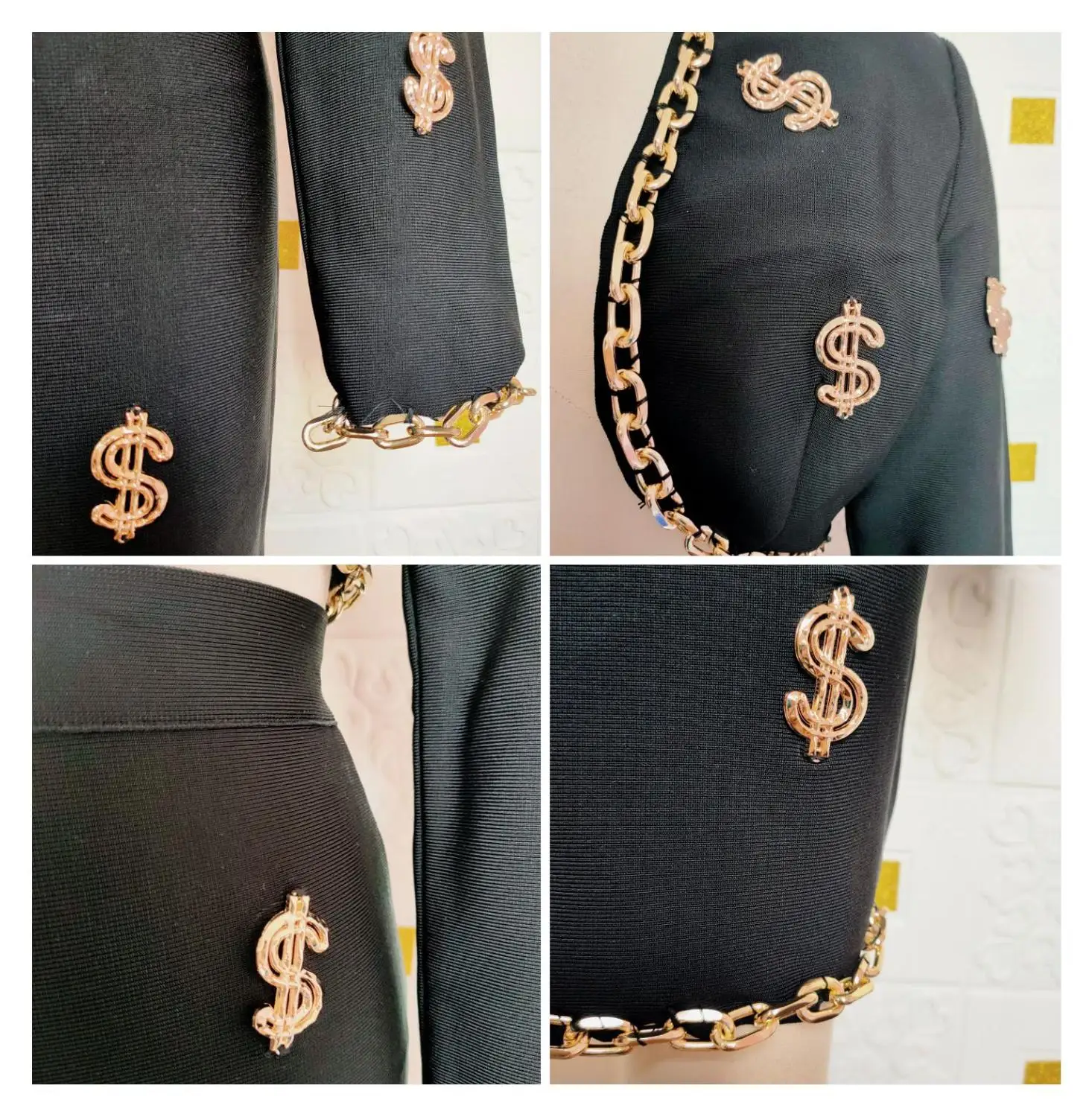 

Luxury Bandage Set 2020 New Winter 2 Pieces Long Sleeve Coat Knee Length Skirts Gold Chain Handmade Vestidos Sexy Party Dobanmbd