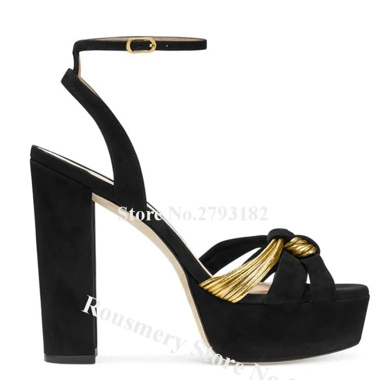 

Босоножки на высокой платформе, очаровательные сандалии с узелком, замша, кожа, Золотой бант, высокий толстый каблук, Босоножки на каблуке
