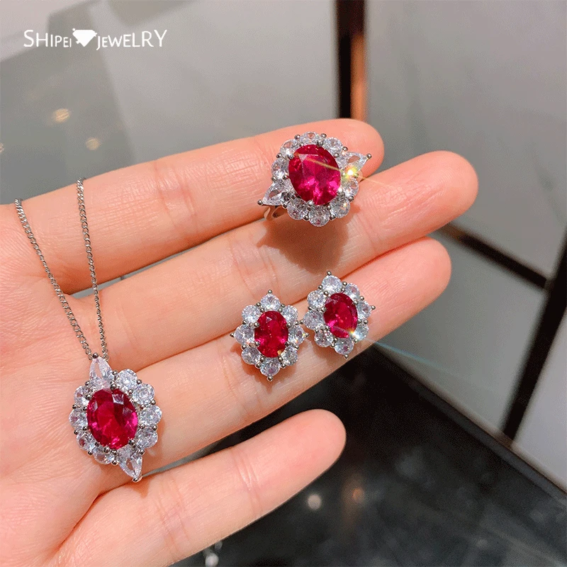 

Shipei 925 Sterling Silver Ruby Created Moissanite Vintage Romantic Cute Rings/Earrings/Pendant/Necklace Wedding Jewelry Sets