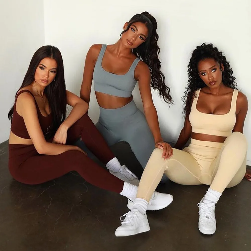 

New Ribbed Seamless Yoga Set Knitted Sexy Sport Set Padded Sports Bra High Waist Yoga Leggings 2 Piece Set Women Workout Clothes