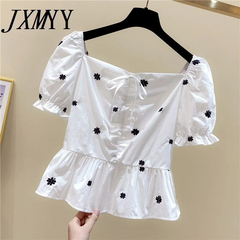 

JXMYY Fashion Plus Size Shirt Women's 2021 Summer New Floral Puff Sleeve Bow Knot Off-Shoulder Square Collar Comfortable Top