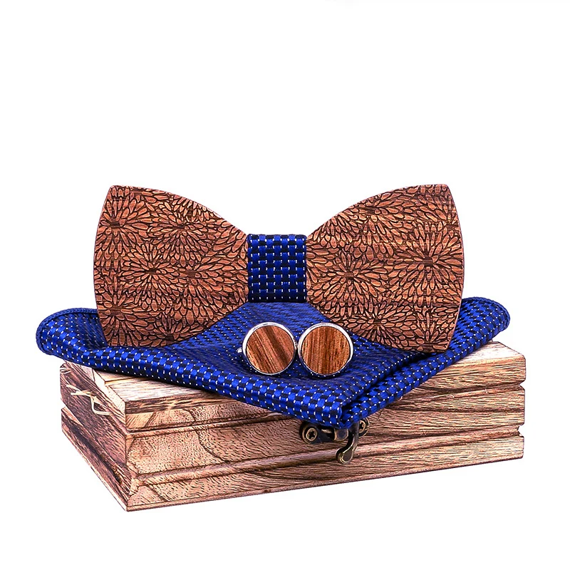 

2022 Mens Wooden Bow Tie Polyester Handkerchief Cufflinks Set Men's Wood Bowtie for Wedding Suits Bridegroom Accessories