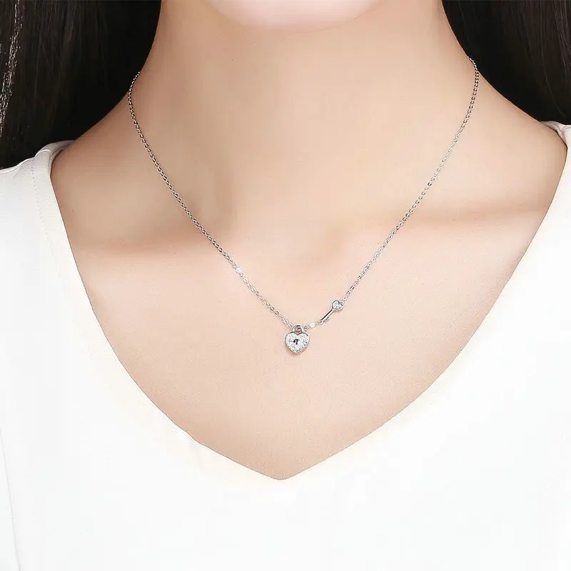 

BISAER Necklaces 100% 925 Sterling Silver Heart Lock Pendants Bright CZ Original Necklaces For Women Fine Jewelry Gift ECN315