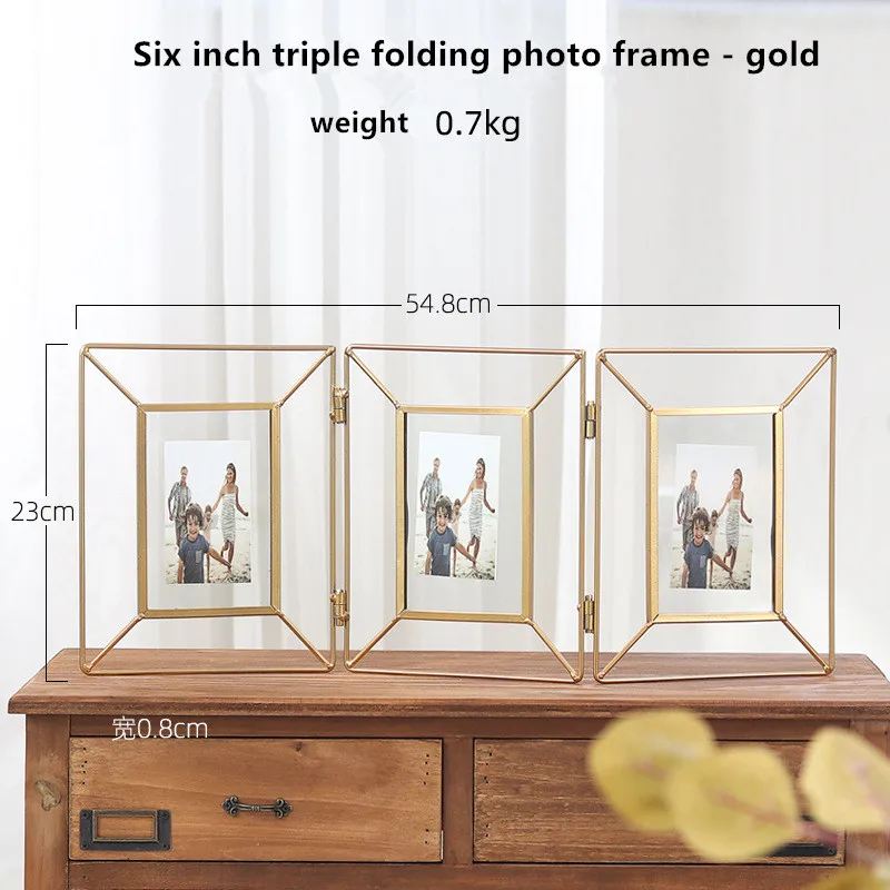 6 inch triple golden Геометрическая металлическая Стеклянная фоторамка Складная Вращающаяся стерео стеклянная рамка для рабочего стола декоративная Персонализированная фотоальбом подарок - Цвет: 6 inch triple golden