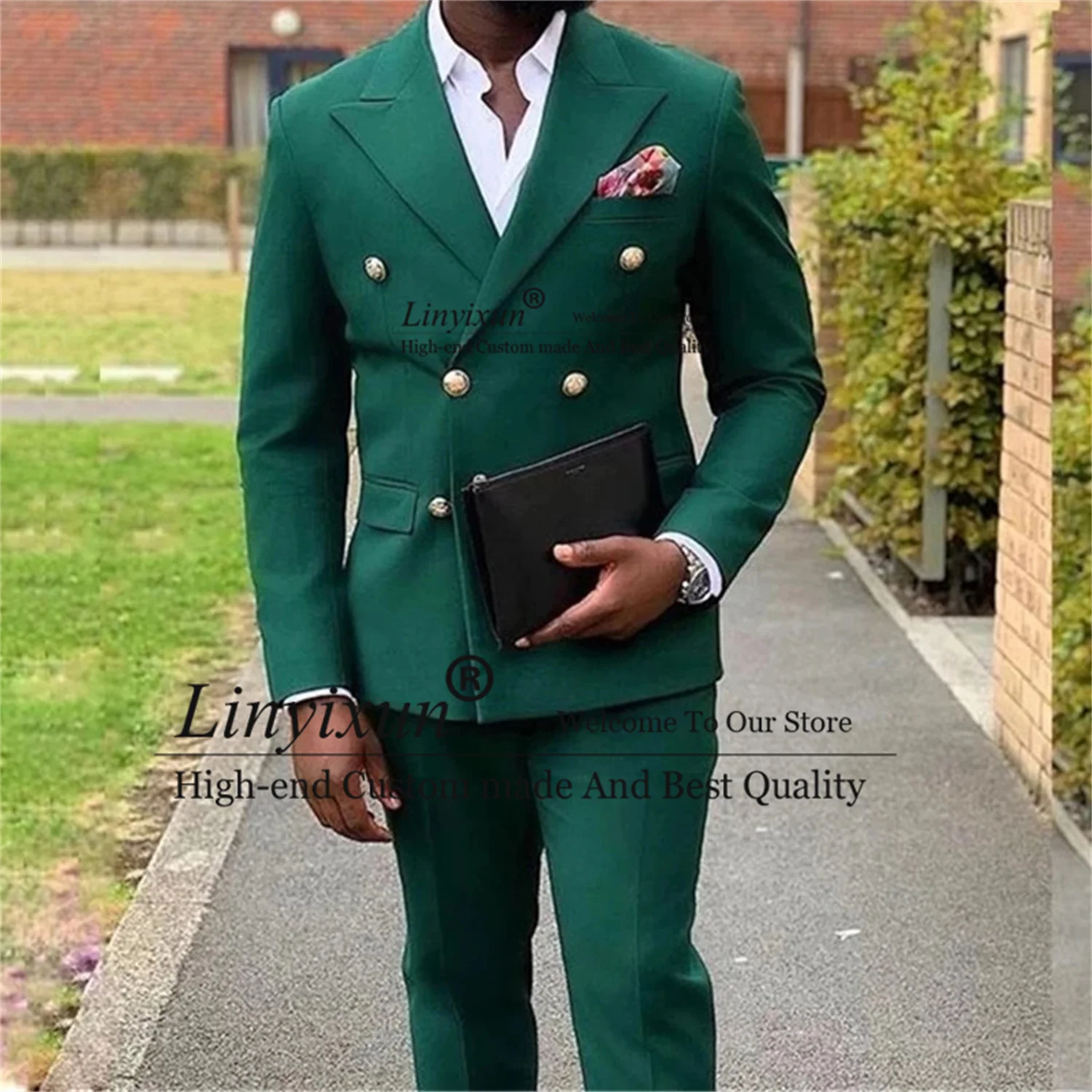 

Dark Green Mens Suits Double Breasted Wedding Groom Tuxedos Fashion Male Prom Paty Blazer 2 Pieces Costume Homme (Jacket+Pants)