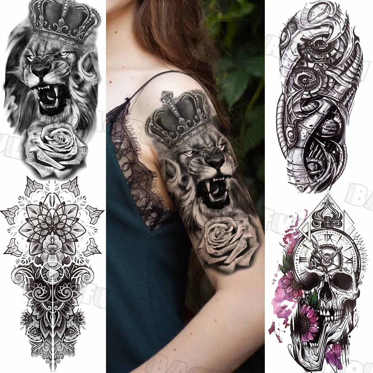 Rose Lion Crown Temporary Tattoos For Women Men Geometric Rose Flower Skull Realistic Fake Tattoo Custom Washable Tatoos Armband