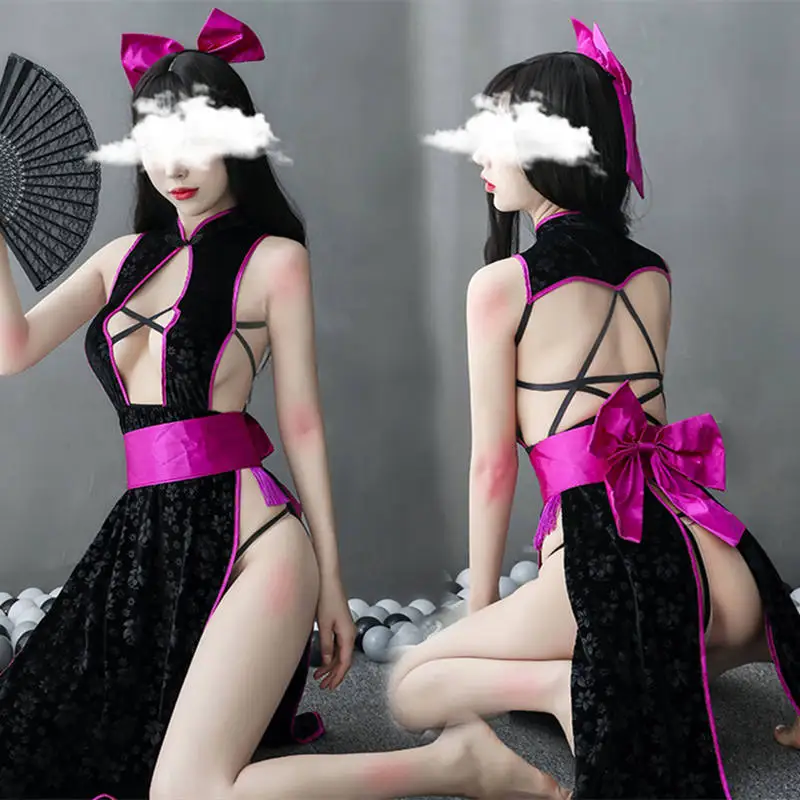 Пикантное нижнее белье ретро Чонсам с вырезами и лямкой на шее пятиугольная