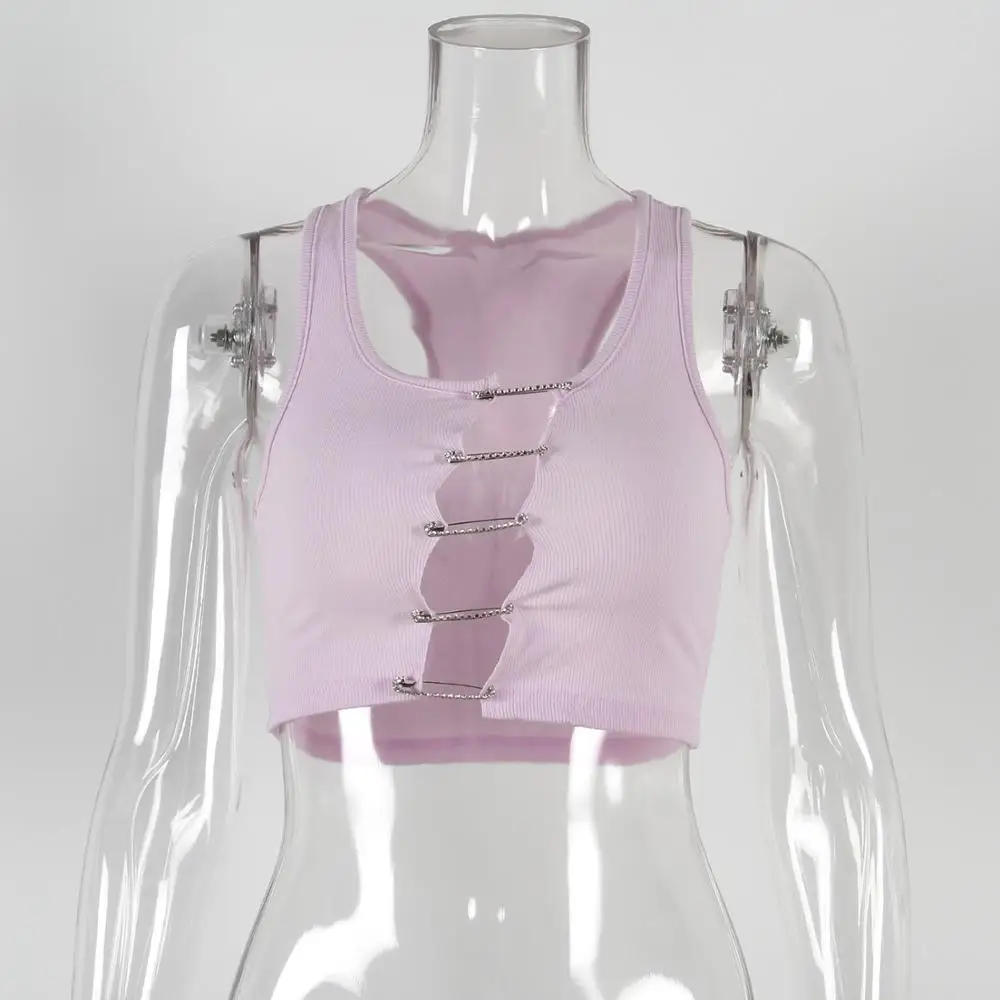 Белый пикантный укороченный топ KGFIGU с вырезами со стразами круглым вырезом