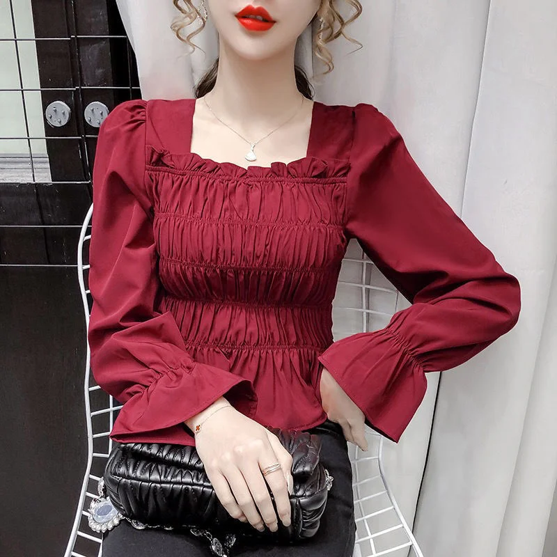 

Fall Long Sleeve Woman Square-Neck Shirt Puff Sleeve Flared Top Blusas Ropa De Mujer