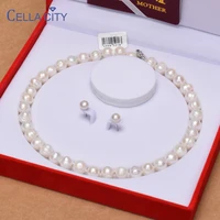 cellacity silver 925 jewelry 9 10mm natural freshwater pearl jewelry set for women stud earrings necklace bracelet gift for mom