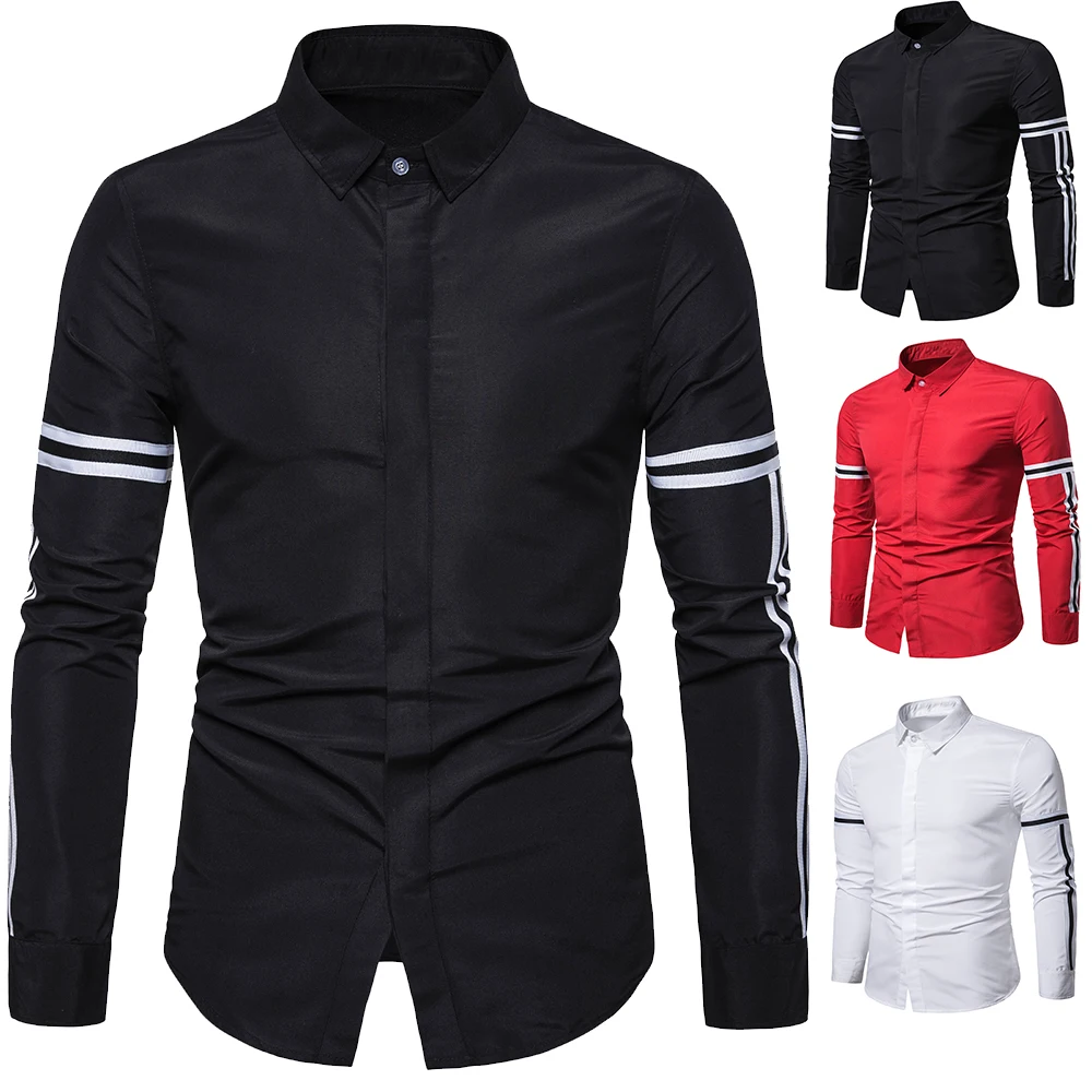 

2021 new shirt European and American men's long-sleeved shirt ribbon stitching fashion business casual white shirt