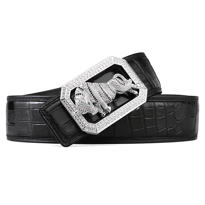 cow black McParko Crocodile Belt Mens Leather Belts With Buckle Luxury Animal Design Genuine Leather Waist Belt with rhinestones Buckle - Цвет: cow black