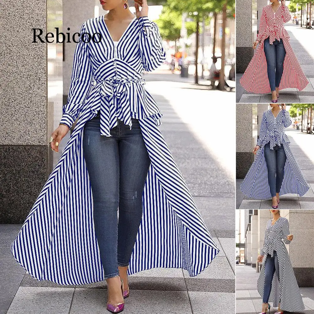 

2019 new spring and autumn women's shirt black striped V-neck long-sleeved striped long shirt irregular shirt