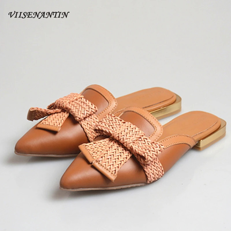 

Woven butterfly knot shallow mouth lazy half slippers summer black leather comfortable flat bottom Muller slippers